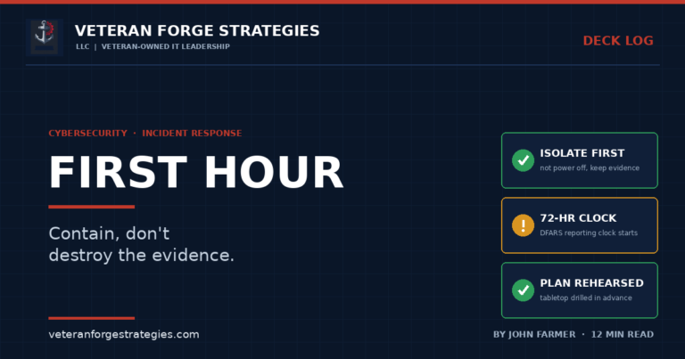 Veteran Forge Strategies Deck Log graphic: FIRST HOUR — contain, don't destroy the evidence. Three status tiles: isolate first not power off, the DFARS 72-hour reporting clock, and a rehearsed tabletop plan.