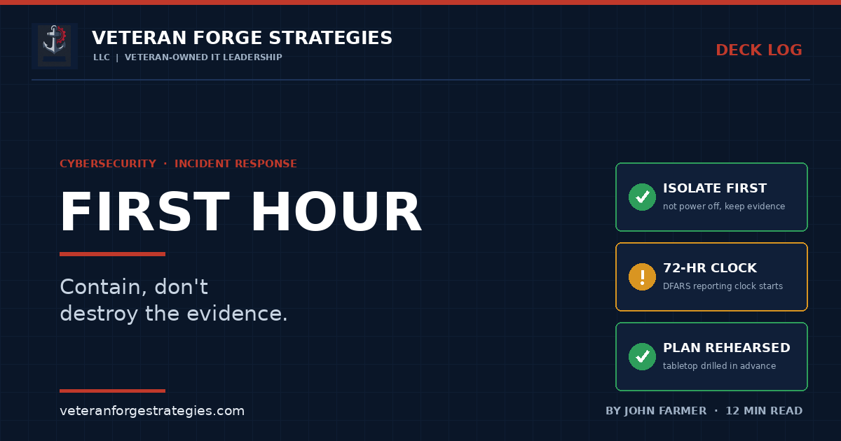 Veteran Forge Strategies Deck Log graphic: FIRST HOUR — contain, don't destroy the evidence. Three status tiles: isolate first not power off, the DFARS 72-hour reporting clock, and a rehearsed tabletop plan.
