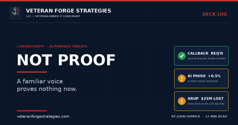 Veteran Forge Strategies Deck Log article graphic — Not Proof. A familiar voice proves nothing now. Status cards show a required callback on a second channel to a known number, AI phishing outperforming elite human red teams by about half a percentage point, and the Arup case where 25 million dollars was lost because every face on the video call was fake. AI-powered threats feature by John Farmer.
