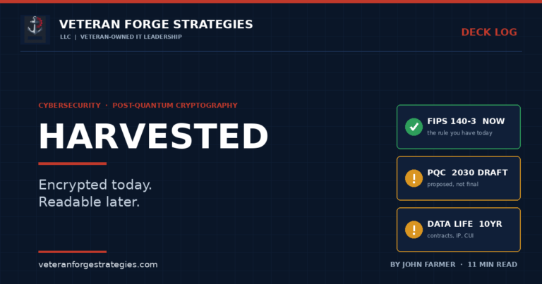 Veteran Forge Strategies Deck Log article graphic — Harvested. Encrypted today, readable later. Status cards show FIPS 140-3 as the requirement that applies now, the 2030 post-quantum date as proposed and not final, and a ten-year data shelf life for contracts, IP and CUI. Post-quantum cryptography feature by John Farmer.